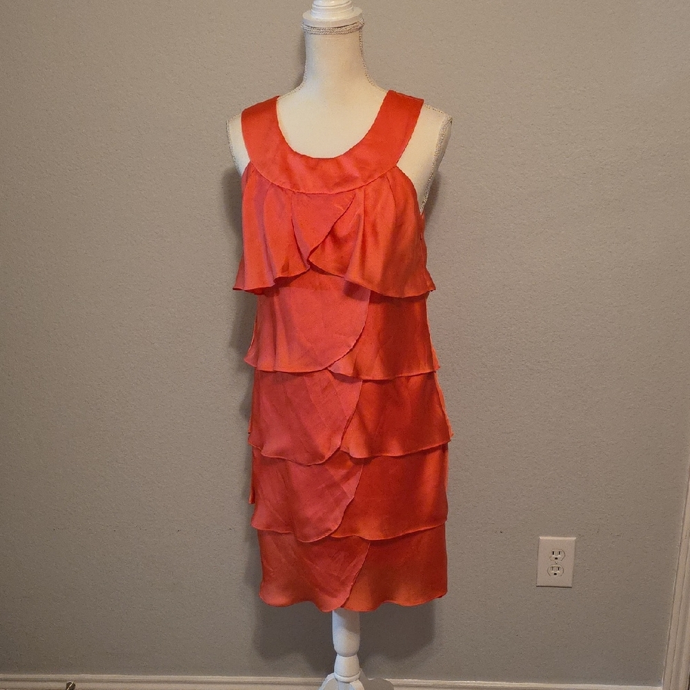 Coral Ruffled Tiered Sheath Midi Dress